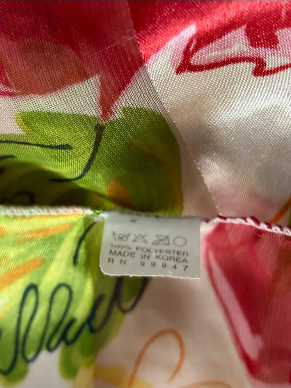 Vintage Floral Print Scarf in Red, Yellow & Green. Made in Korea. Polyester